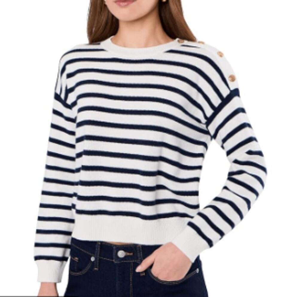 Vince Camuto Women's Striped Pull-On Sweater Gold Buttons XL